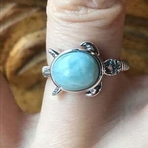 Natural Larimar Sterling Silver Turtle Ring Size 7